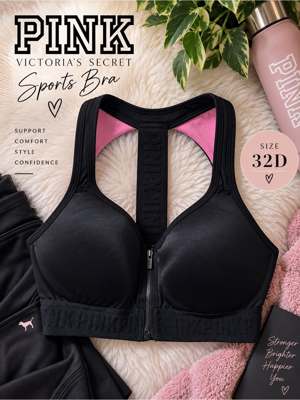 PINK | Victoria's Secret | 32D | Black & Pink Front-Zip Sports Bra |